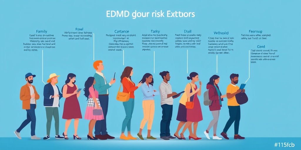 A diverse group illustrates EDMD risk factors, featuring family trees and genetic markers against a soothing blue background.  3.png