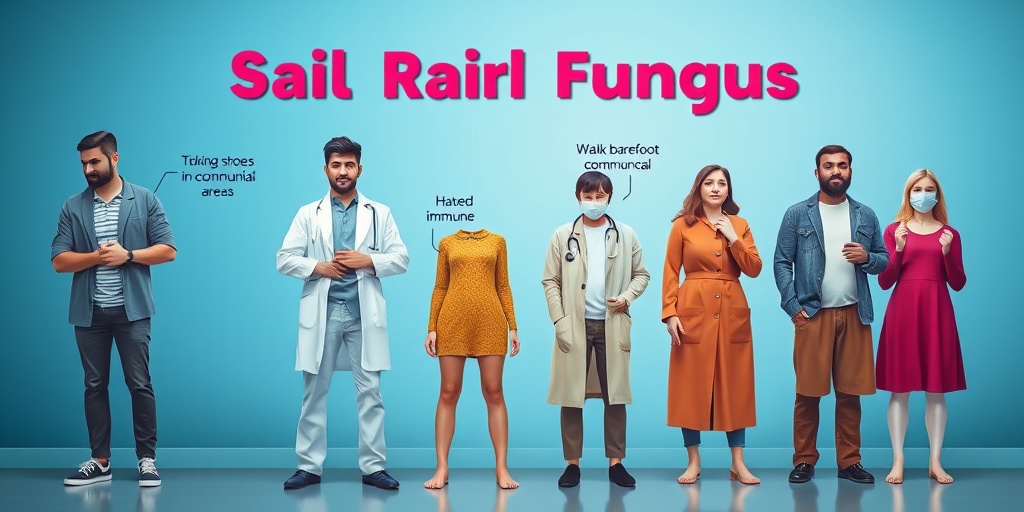 A diverse group in a clinical setting illustrates risk factors for nail fungus, with expressions of concern against a subtle blue background.  3.png
