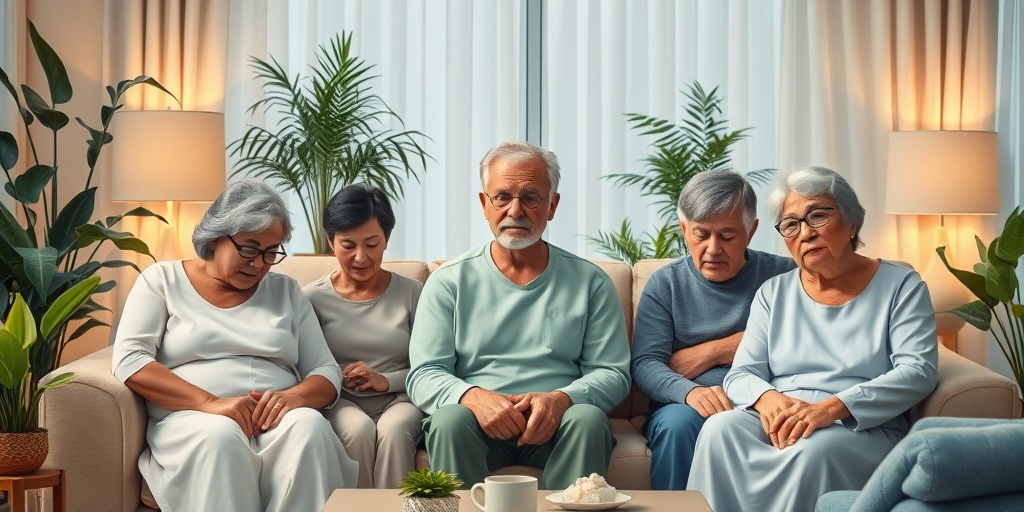 A diverse group of individuals in a cozy living room, each showing symptoms of Recurrent Multiple Myeloma, conveying empathy.  2.png