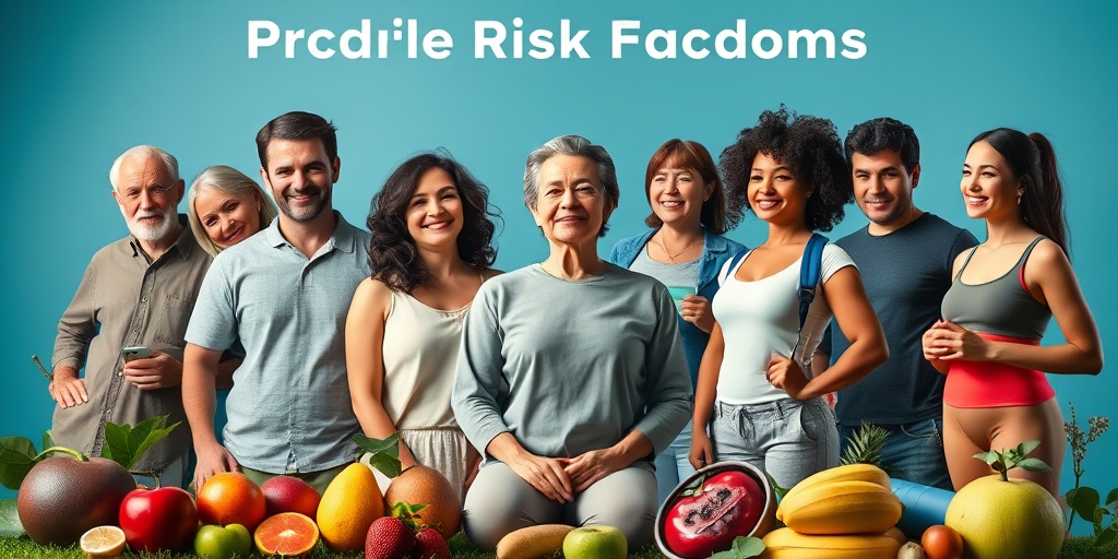 A diverse group of individuals representing risk factors for Carcinoid Apudoma, surrounded by symbols of health and wellness.  3.png