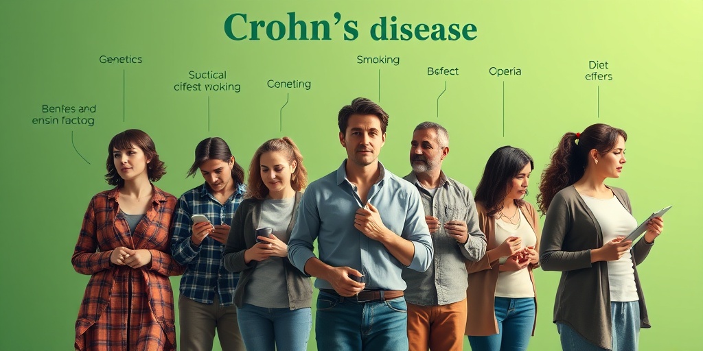 A diverse group of individuals representing various risk factors for Crohn's Disease, engaged in everyday activities. 3.png