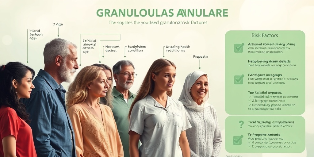 A diverse group of individuals representing various risk factors for Granuloma Annulare, set against a soothing creamy white and soft green backdrop. 3.png