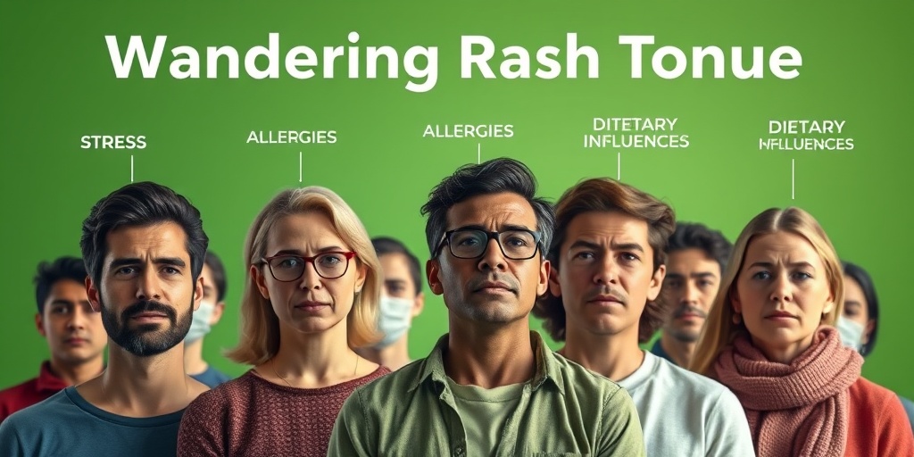 A diverse group of individuals represents risk factors for wandering rash tongue, with expressions of concern against a green and white background. 3.png