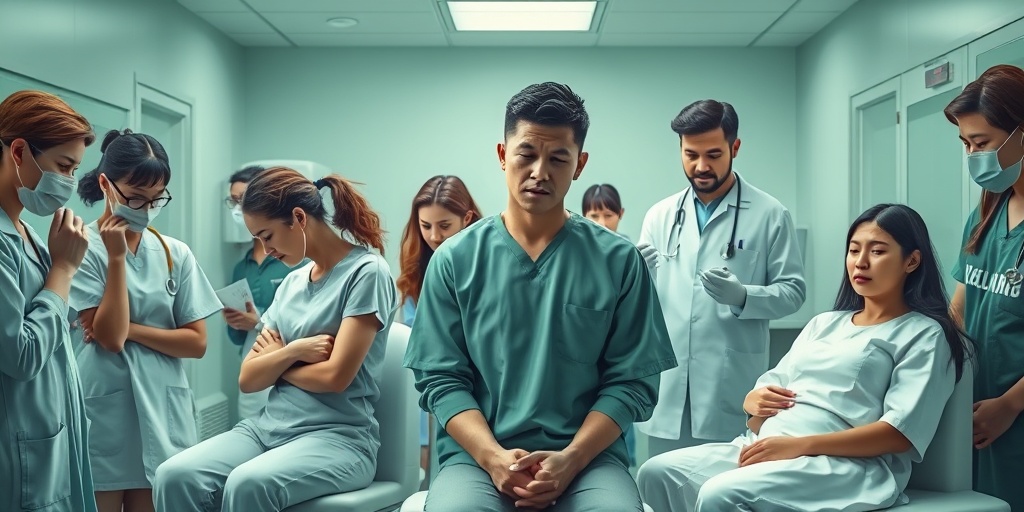 A diverse group of patients displays symptoms of bioterrorism exposure in a clinical setting, attended by caring medical staff.  3.png