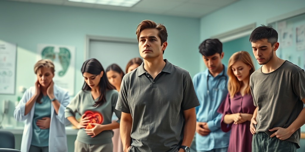 A diverse group showcases various Carcinoid Syndrome symptoms in a well-lit doctor's office, conveying resilience.  2.png