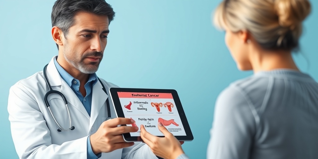 A doctor explains endometrial cancer symptoms to a patient, showcasing empathy in a calming blue environment.2.png
