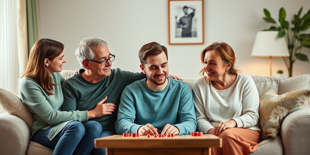 A family engages in a board game, supporting a young adult with EDMD, creating a warm atmosphere of love and resilience.  5.png