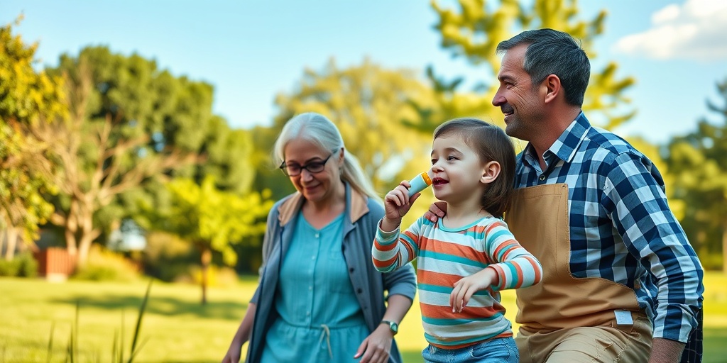 A family enjoys outdoor activities, with a parent using an inhaler, showcasing resilience and support in managing asthma. 5.png