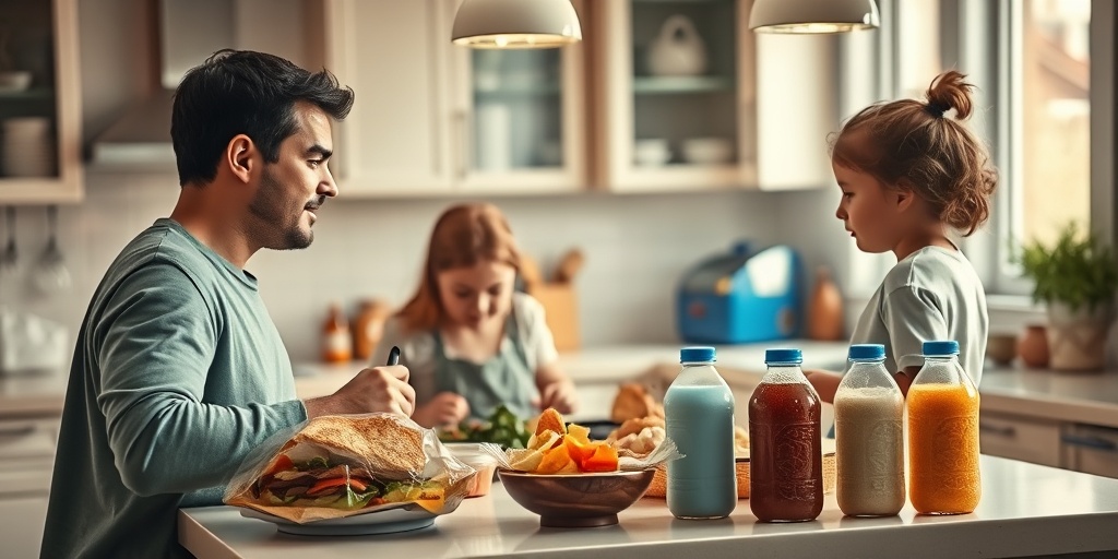 A family in a bright kitchen, preparing meals while unhealthy snacks loom, showcasing the need for healthy choices.  3.png