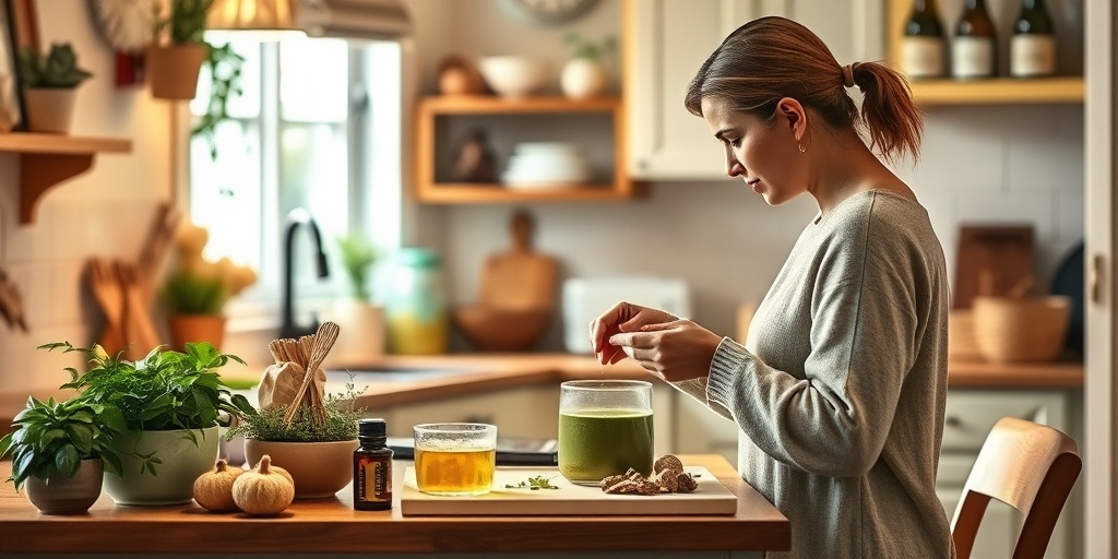 A family member prepares herbal remedies in a cozy kitchen, showcasing love and holistic health for wheezing relief.  5.png