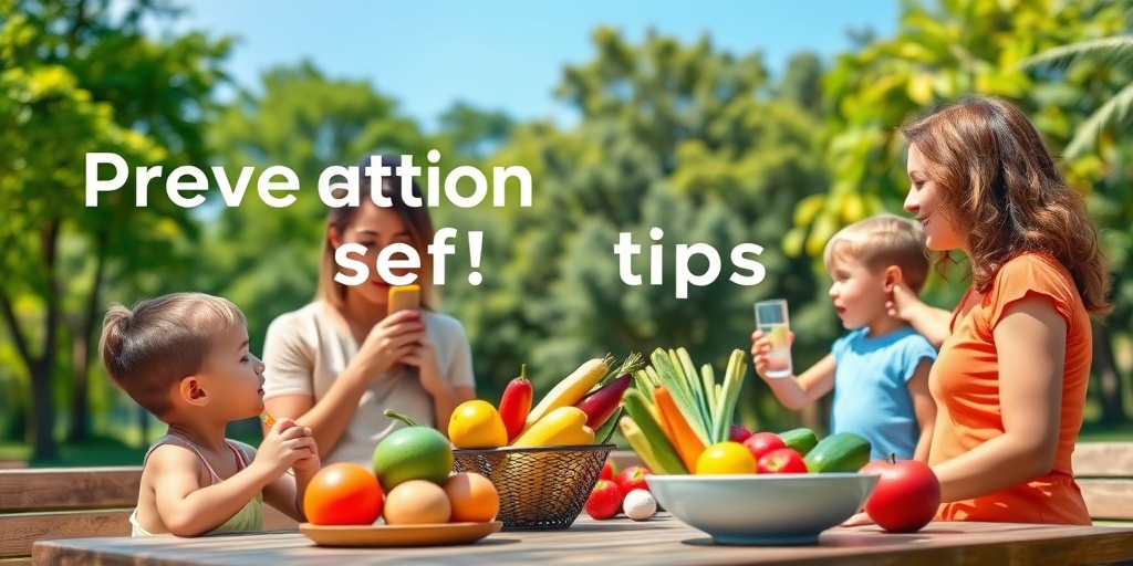 A family practicing healthy habits in a park, emphasizing sunscreen application, hydration, and nutritious foods for skin health.  5.png