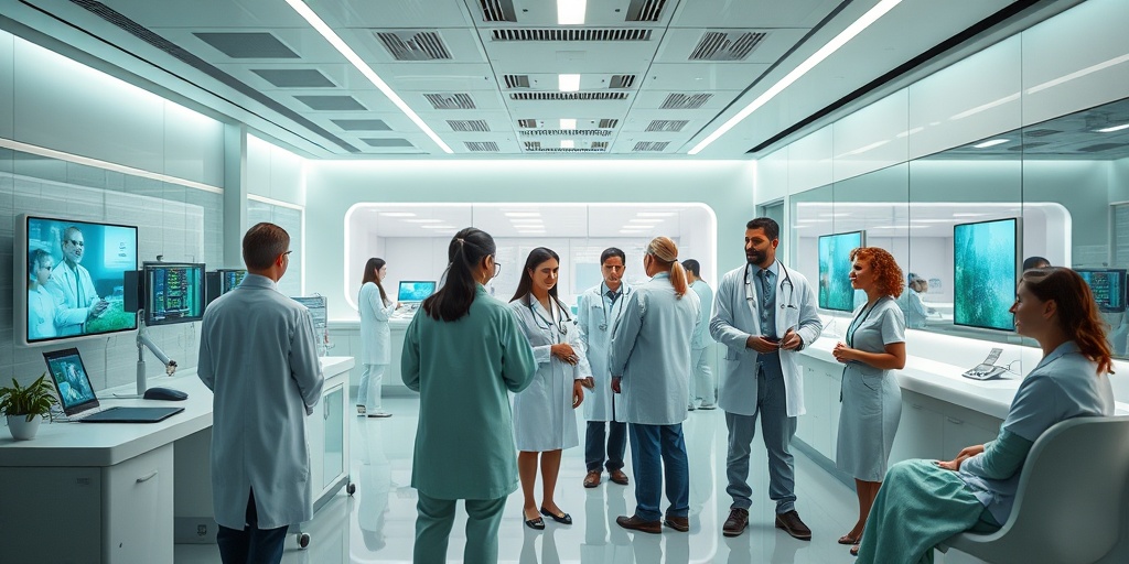 A futuristic clinic illustrates advanced WHS management, featuring telemedicine and innovative treatments, symbolizing hope and progress in healthcare.  5.png