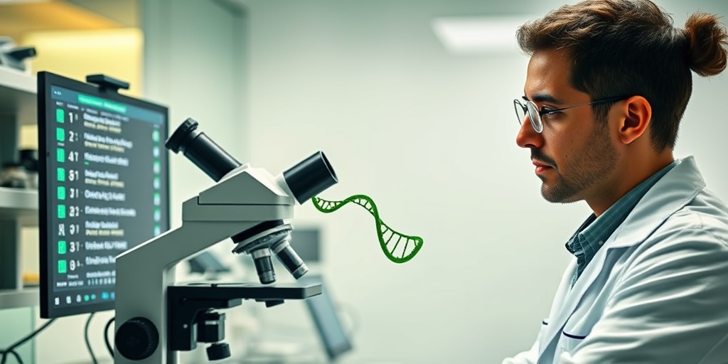 A geneticist examines DNA in a modern lab, focused on genetic sequences displayed on a screen, symbolizing EDMD research.  3.png