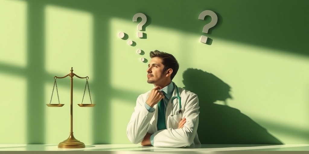 A healthcare professional contemplates ethical decisions regarding placebo use, surrounded by symbols of ethics in a dramatic setting.  4.png
