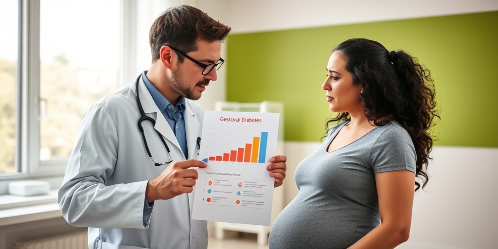A healthcare professional discusses gestational diabetes with a pregnant woman, creating a supportive and understanding clinical environment.  3.png