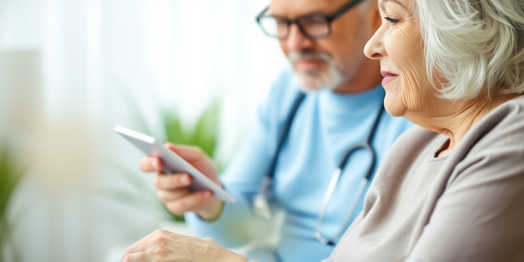 A healthcare professional discusses symptom management with an engaged patient, using a tablet in a supportive palliative care environment.3.png