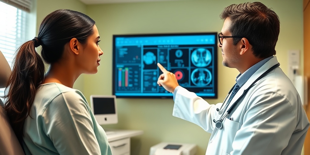 A healthcare professional discusses test results with a patient, emphasizing communication in a bright, modern examination room.  3.png