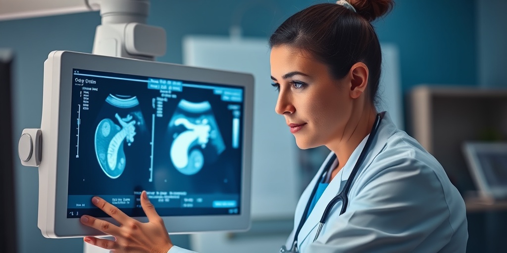 A healthcare professional examines an ultrasound screen displaying ovarian cysts, emphasizing professionalism in a modern medical office.4.png