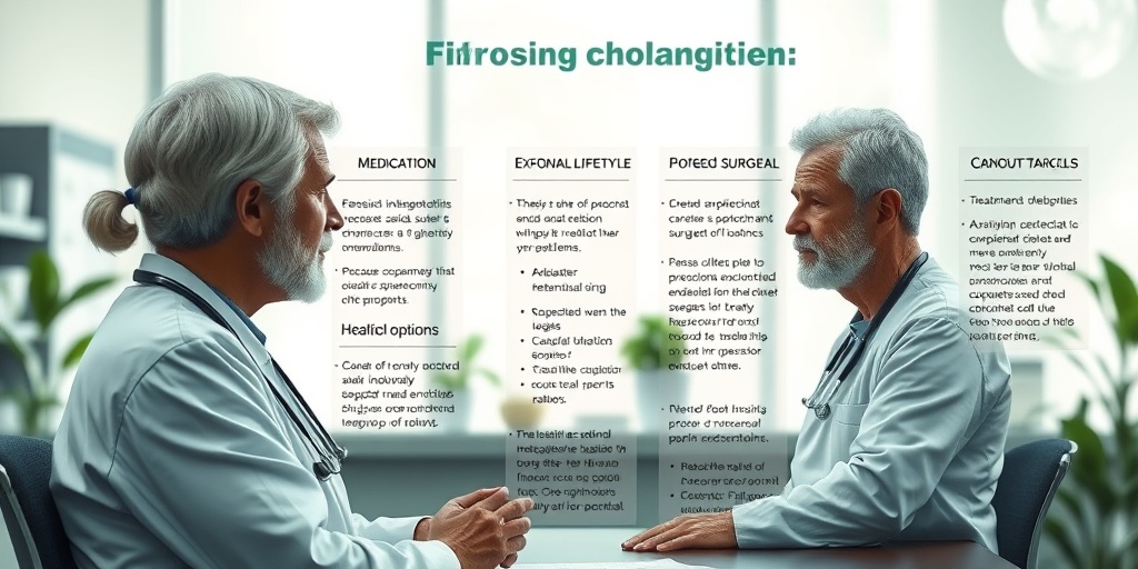 A healthcare professional explains Fibrosing Cholangitis treatment options to a patient, emphasizing hope in a clinical setting.4.png