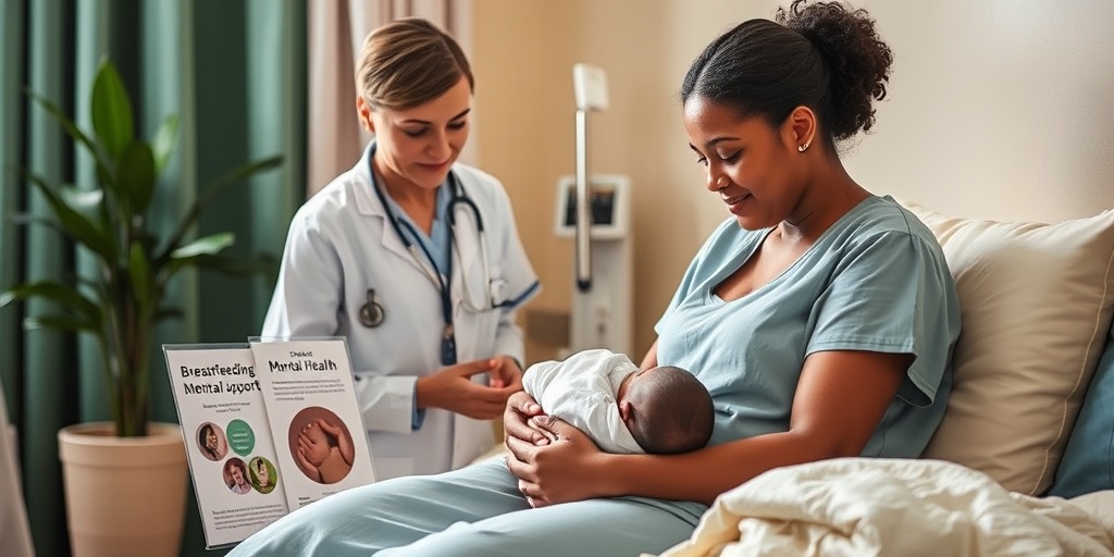 A healthcare professional guiding a new mother with her newborn, emphasizing postpartum care and available resources.  5.png