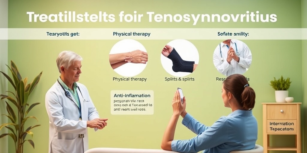 A healthcare professional guiding a patient through tenosynovitis exercises in a clinical setting, surrounded by a soothing green atmosphere.  4.png