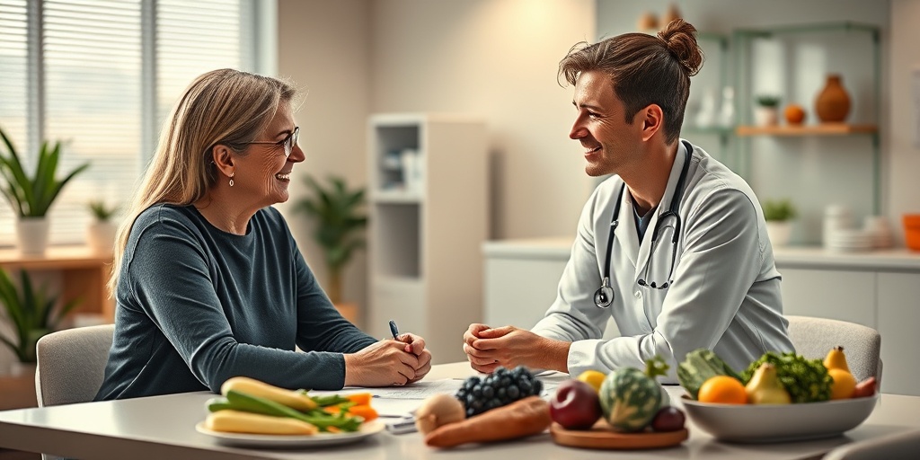 A healthcare provider compassionately discusses dietary changes with a patient in a modern clinic setting.  4.png
