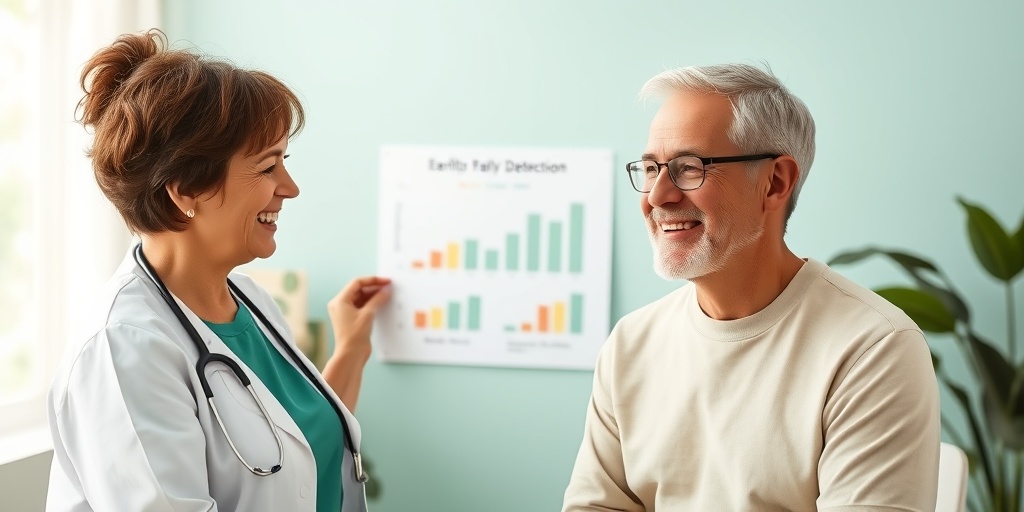 A healthcare provider shares positive news with a patient, highlighting the benefits of early detection in a welcoming environment.2.png