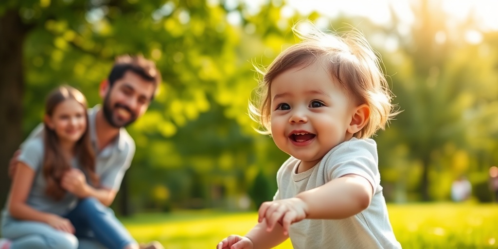 A joyful toddler plays in a sunlit park, showcasing healthy skin and vibrant growth, with relieved parents nearby. 5.png