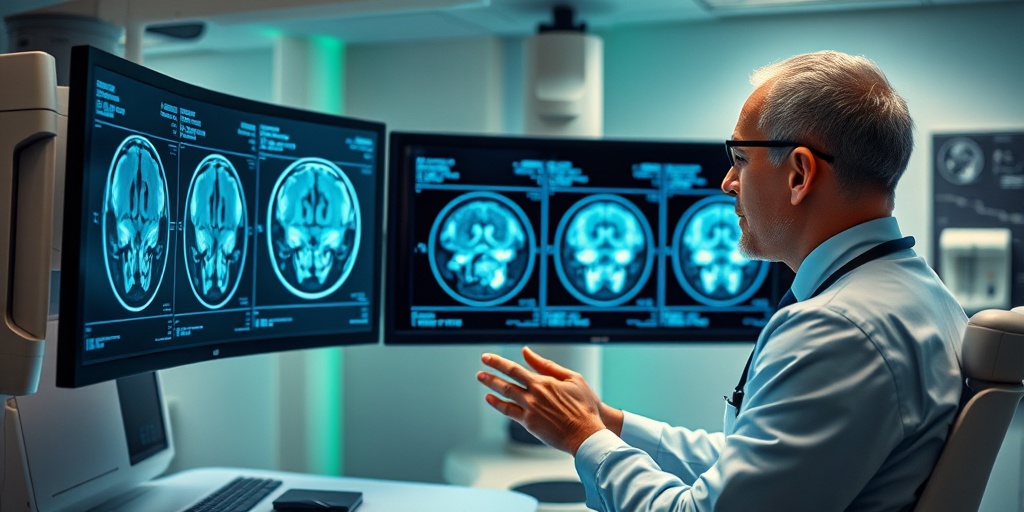 A medical professional examines MRI scans of a skull base chordoma in a modern radiology room, emphasizing accurate diagnosis.  3.png