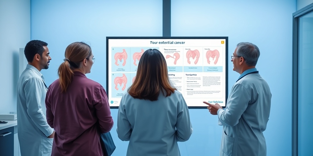 A medical team collaborates on staging endometrial cancer, surrounded by digital diagrams in a professional blue atmosphere.4.png