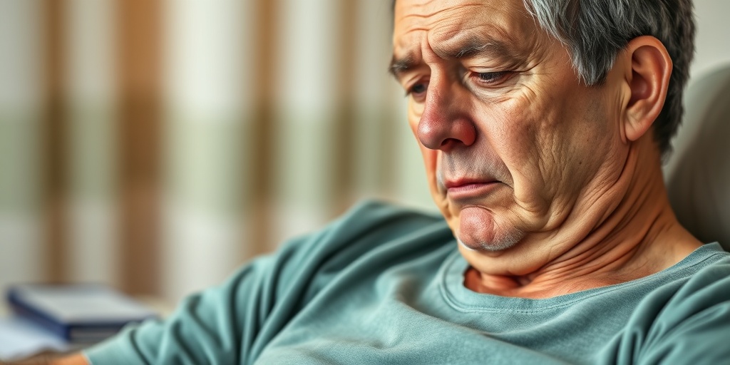 A middle-aged patient shows symptoms of Fibrosing Cholangitis, seated in a clinical setting with a concerned expression.2.png