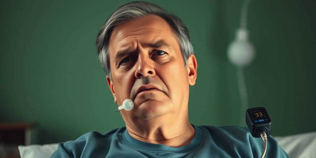 A middle-aged patient struggles to breathe in a calming green clinical setting, with medical equipment enhancing the scene's realism.  2.png