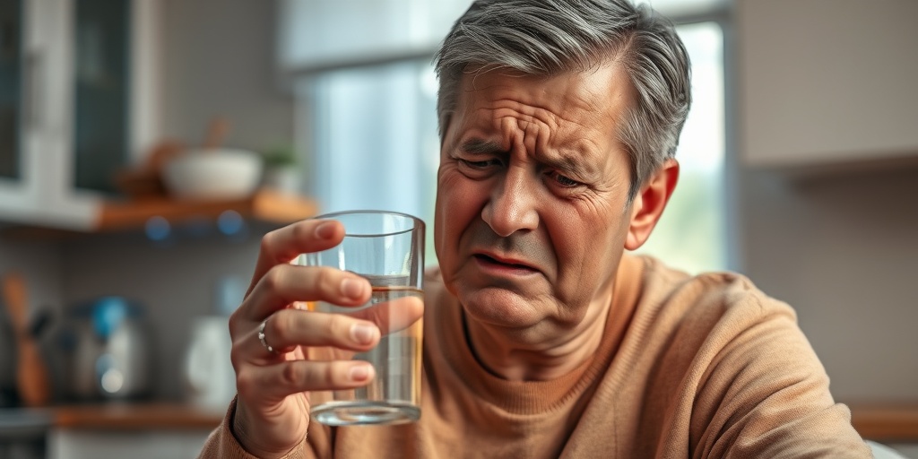 A middle-aged person in a kitchen, visibly uncomfortable, holding water while experiencing glossopyrosis symptoms.  2.png