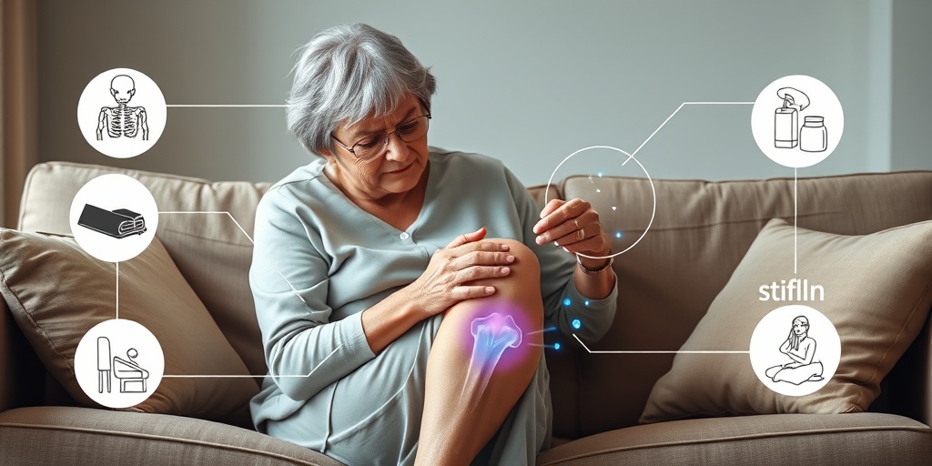 A middle-aged woman sits on a couch, holding her knee in pain, surrounded by visual symptoms of discomfort.  2.png