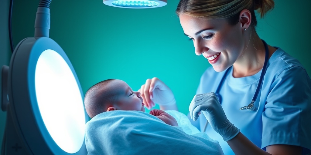 A newborn under phototherapy light glows softly, while a caring nurse adjusts equipment in a healing atmosphere. 4.png