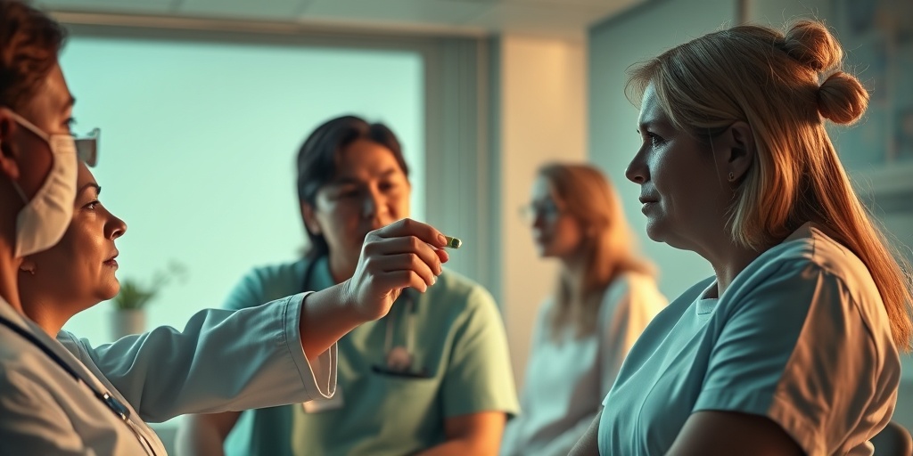 A nurse administers a capsule to a participant, capturing expressions of hope and uncertainty in a clinical trial.  2.png