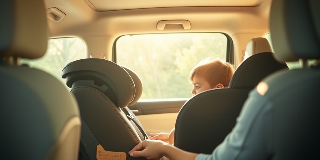 A parent secures a toddler in a car seat, emphasizing safety features in a sunlit car interior for safe travel.  3.png