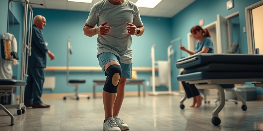 A patient engages in physical therapy post-knee replacement, showcasing determination and support from a therapist.  4.png