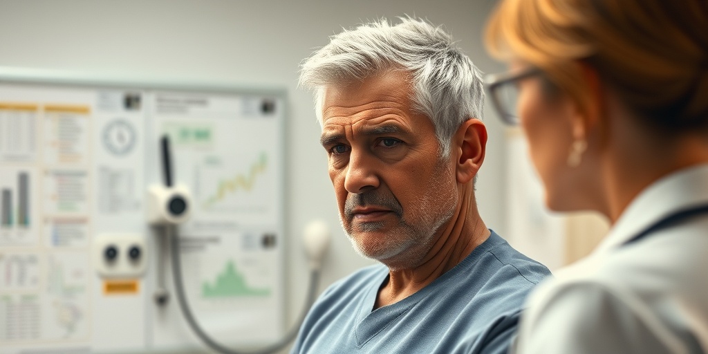 A patient in a clinical setting, expressing concern while discussing symptoms with a healthcare professional, surrounded by medical equipment.2.png