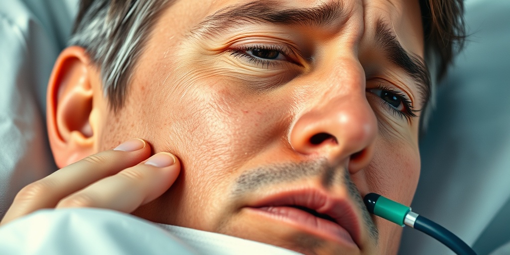 A patient in a clinical setting shows concern while experiencing symptoms of Lung Nocardiosis, surrounded by medical equipment and soft lighting.2.png