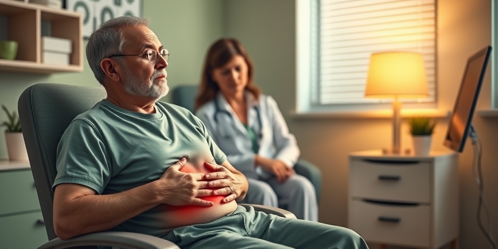 A patient in a doctor's office displaying symptoms of Carcinoid Apudoma, with a compassionate healthcare provider nearby.  2.png