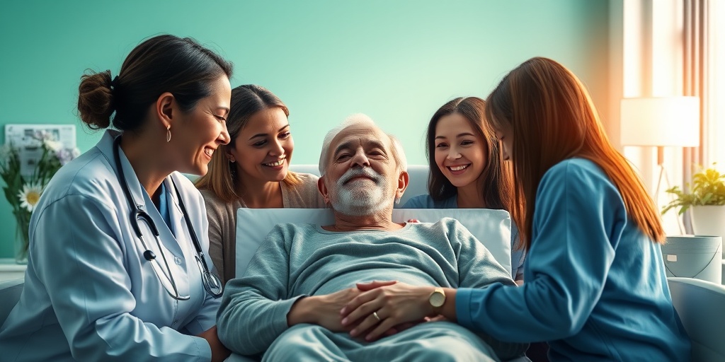 A patient in recovery, supported by family and healthcare professionals, in a serene environment symbolizing healing and optimism.5.png