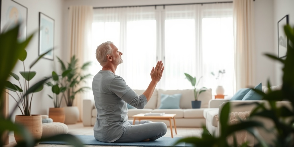 A patient practices gentle yoga at home, surrounded by calming colors and natural light, embodying self-care and resilience.  4.png