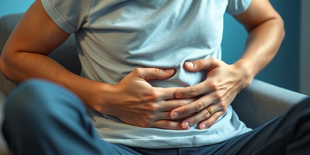 A patient seated in a softly lit room, expressing abdominal pain while holding their stomach, surrounded by a blue ambiance.2.png