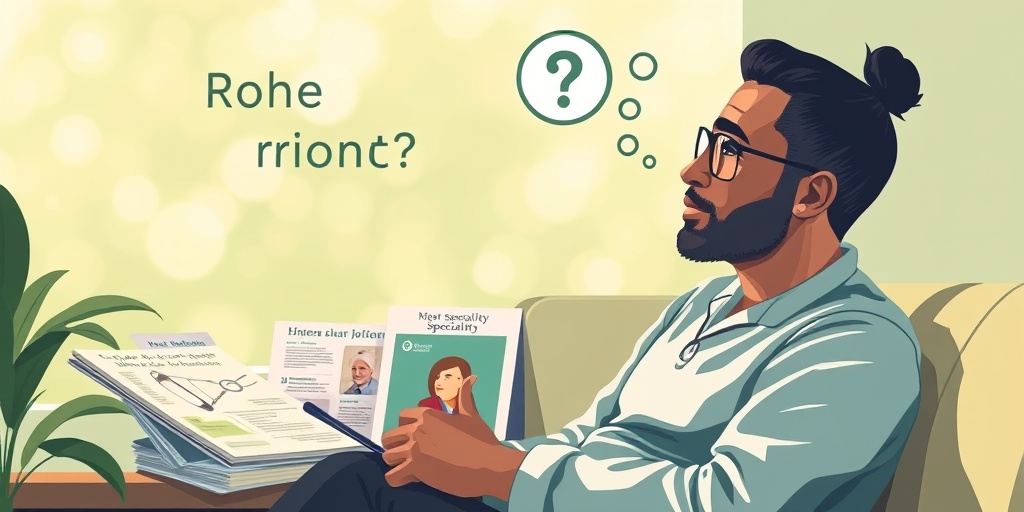 A patient sits in a cozy waiting area, contemplating their choice of medical specialist, surrounded by informative materials.3.png