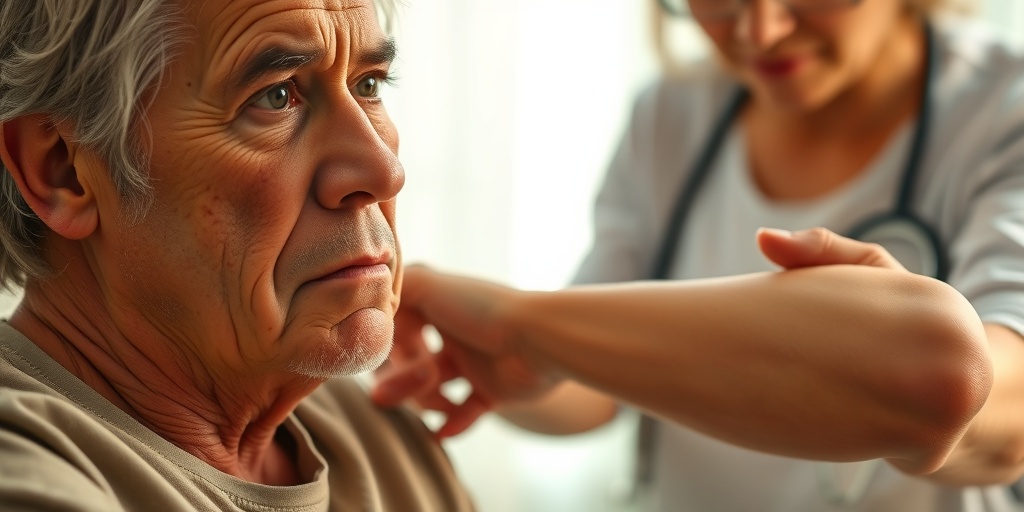 A patient with EDMD shows muscle weakness and joint contractures, examined by a healthcare professional in a calming clinical setting.  2.png