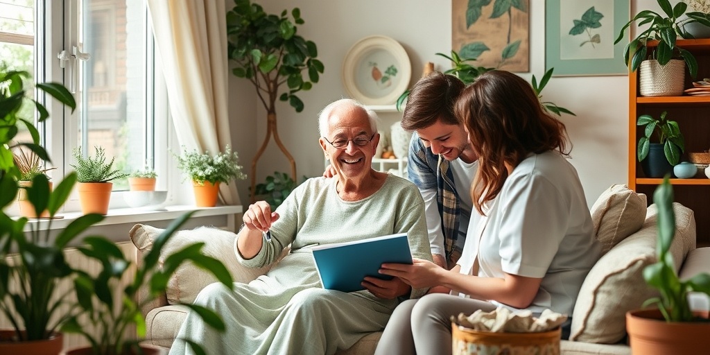 A patient with a chronic illness joyfully painting at home, surrounded by family, greenery, and personal touches for comfort.4.png