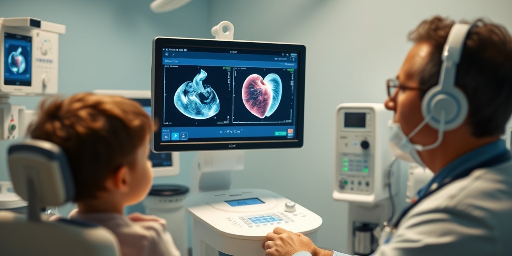 A pediatric cardiologist performs an echocardiogram on a child, with heart images displayed on the ultrasound screen.  3.png
