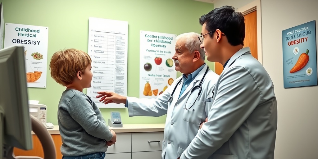 A pediatrician discusses childhood obesity with a parent and child, emphasizing the importance of medical guidance.  4.png
