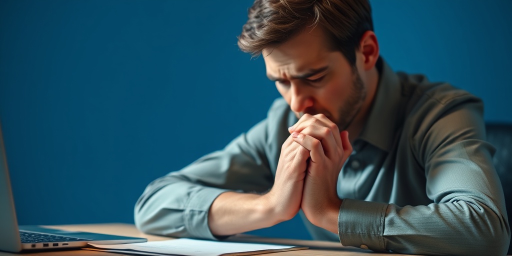 A person at a desk grimacing in pain, gripping their wrist, showcasing the discomfort of tenosynovitis with a serious blue backdrop.  2.png